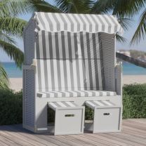  Strandstoel met luifel poly rattan en massief hout grijs en wit