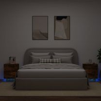  Nachtkastjes met LED 2 st bewerkt hout gerookt eikenkleurig